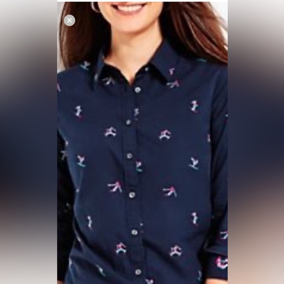 NWOT Ski ⛷️🎿🚠 Themed Dark Blue Cotton Blouse Embroidered w/Whimsical skiers - Picture 1 of 7